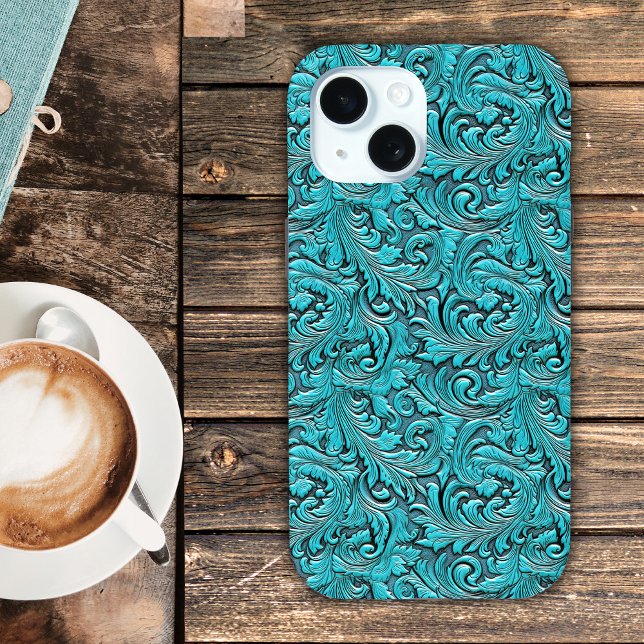 Türkisfarbenes Cowgirl mit Blumenmotiven aus Leder Case-Mate iPhone Hülle (Turquoise cowgirl floral tooled leather western Case-Mate iPhone case)