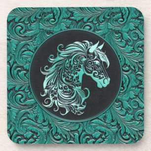 Türkisfarbenes Cowgirl mit Blumenmotiven aus Leder Getränkeuntersetzer