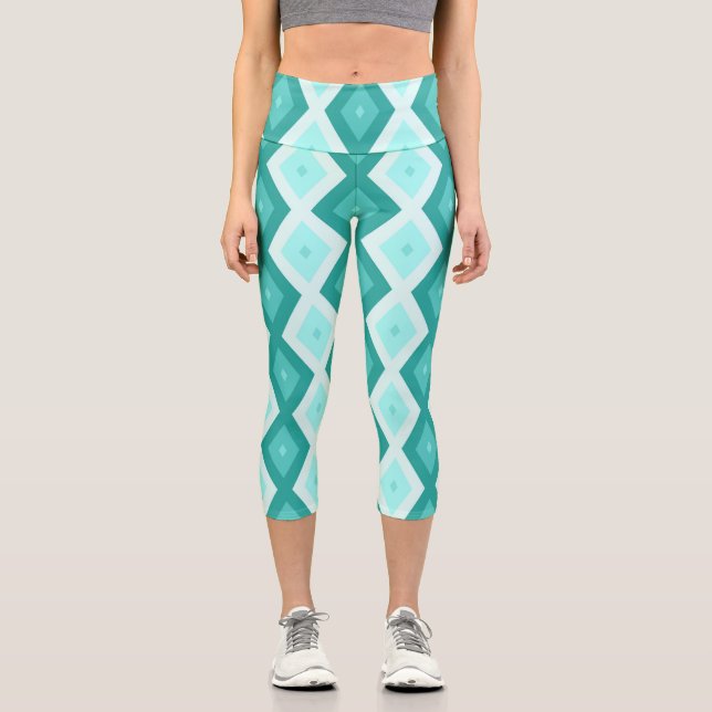 Türkisfarbenes Diamantmuster Capri Leggings (Vorderseite)