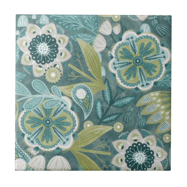 Türkisfarbenes florales Boho-Botanikmuster Fliese (Vorderseite)
