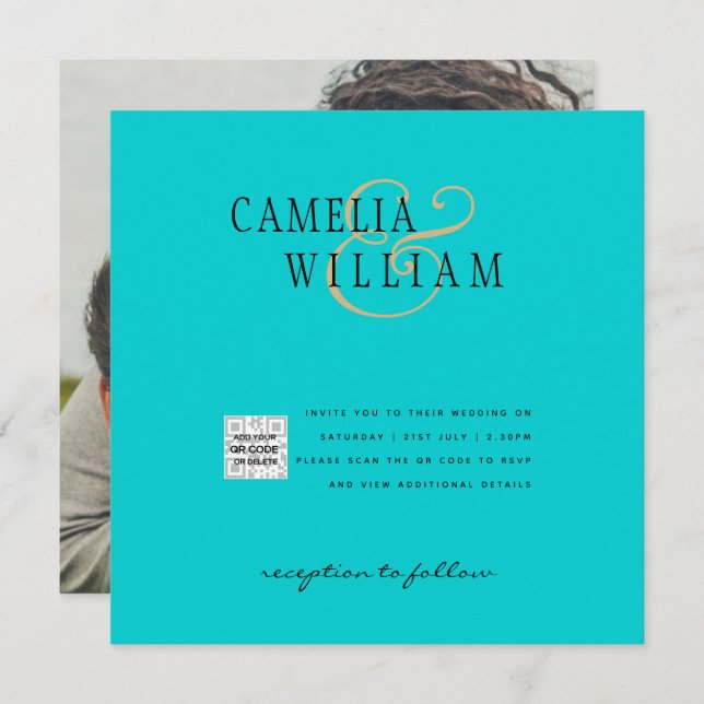 Türkisfarbenes Foto Hochzeitsstichtag QR-Code Rett (Vorne/Hinten)