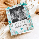 Türkisfarbenes Gedicht Foto Muttertag Karte<br><div class="desc">Weiche Retro florale Aquarell Foto Mutter Tageskarte mit handgemalten türkis blauen Aquarellfarben botanische Blume Blätter. Fügen Sie Ihr Foto und Gedicht hinzu</div>