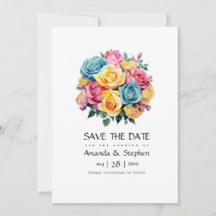 Türkisfarbenes, gelbes und rosa Blumenhochzeit Save The Date