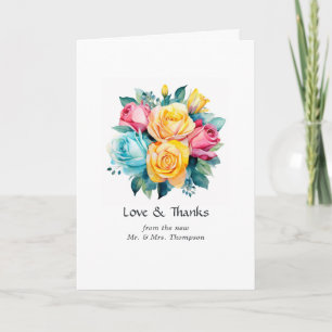 Türkisfarbenes, gelbes und rosa Blumenhochzeitsfot Dankeskarte