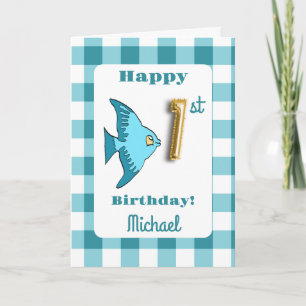 Türkisfarbenes Gingham-Goldfolien-Ballon-Fisch 1.  Karte