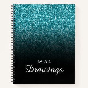 Türkisfarbenes Glitter Schwarz Ombre Personalisier Notizbuch