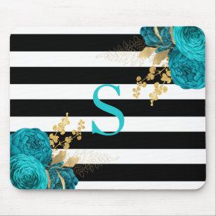 Türkisfarbenes Gold Blumenmonogramm Schwarz Weiße Mousepad