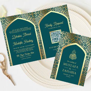 Türkisfarbenes Gold Persischer Bogen QR Code Musli Einladung