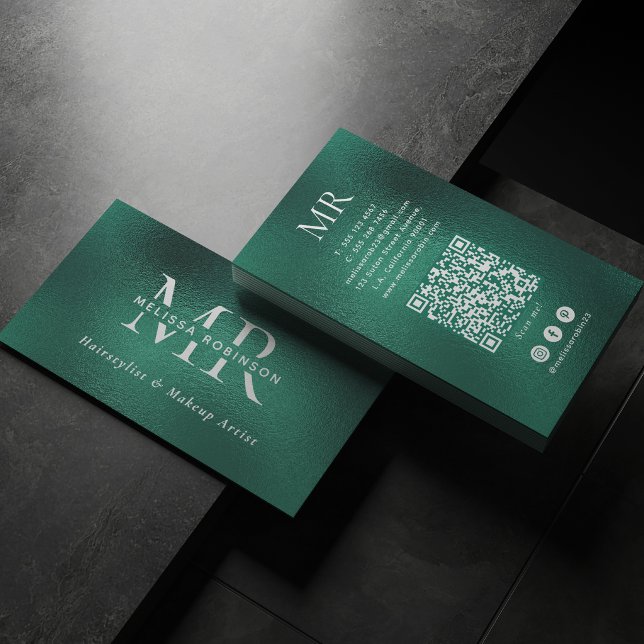 Türkisfarbenes grünes Folien-Monogramm QR-Code & S Visitenkarte (Von Creator hochgeladen)