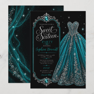 Türkisfarbenes Juwel Sweet 16 Geburtstags Kleid Einladung