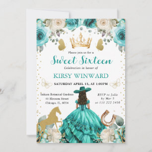 Türkisfarbenes Kleid Brünette Prinzessin Sweet 16 Einladung