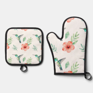 Türkisfarbenes Kolibri-Hibiskus-Muster Ofenhandschuh & Topflappen-Set