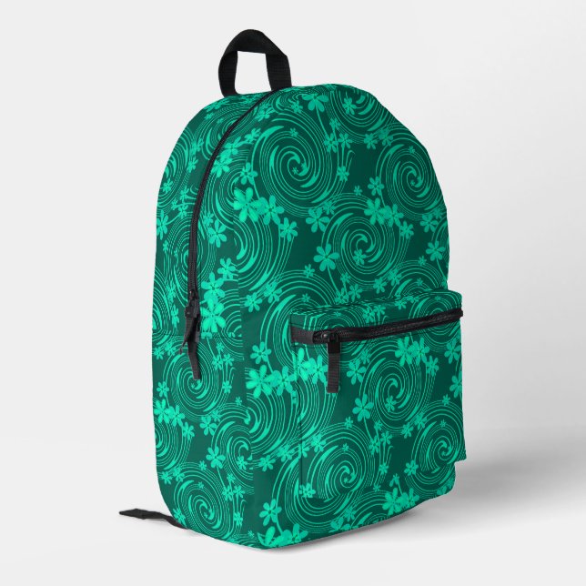 türkisfarbenes, leuchtendes Blumenmuster Bedruckter Rucksack (Rückseitige Ecke links)