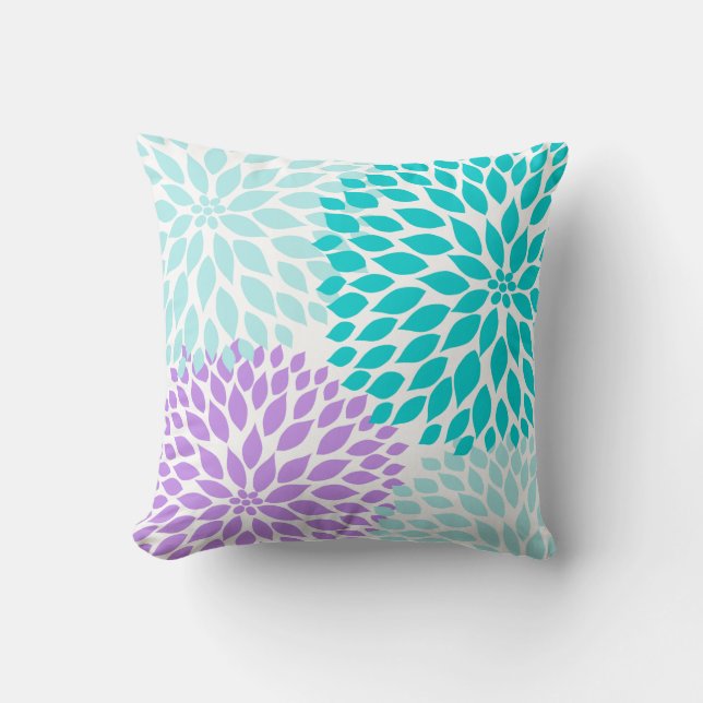 Türkisfarbenes Lila Aqua Dahlia Blumenkissen Kissen (Vorderseite)
