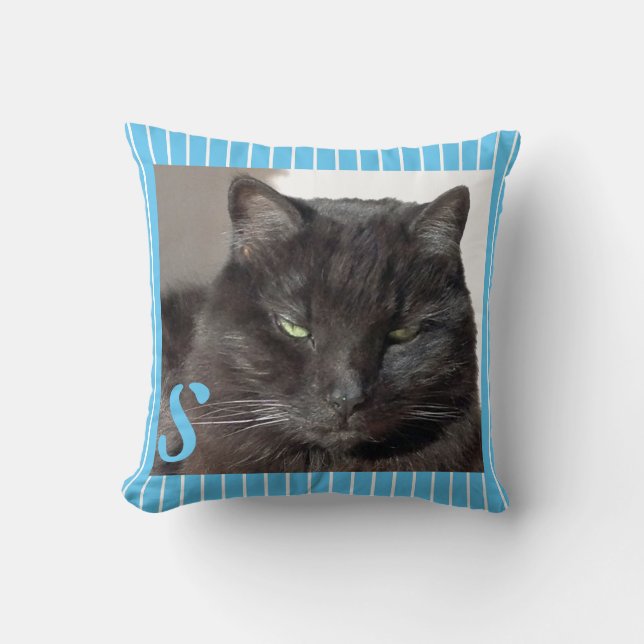 Türkisfarbenes Monogramm Cat-Foto Kissen (Vorderseite)