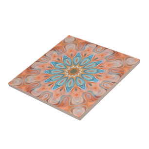 Türkisfarbenes Pfirsich-Orange-Rotes Mandala-Sonne Fliese