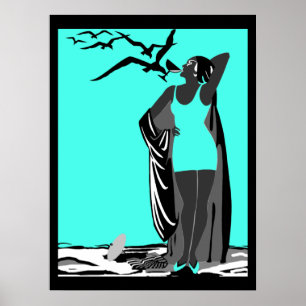 Türkisfarbenes Poster ART DECO LADY Schwarz Weiße 