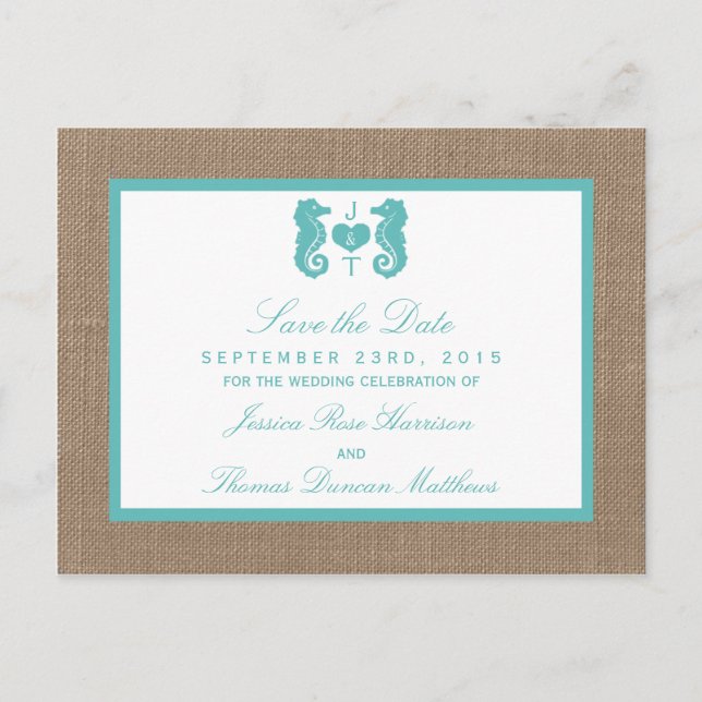 Türkisfarbenes Seepferd Burlap Beach Wedding Colle Ankündigungspostkarte (Vorderseite)