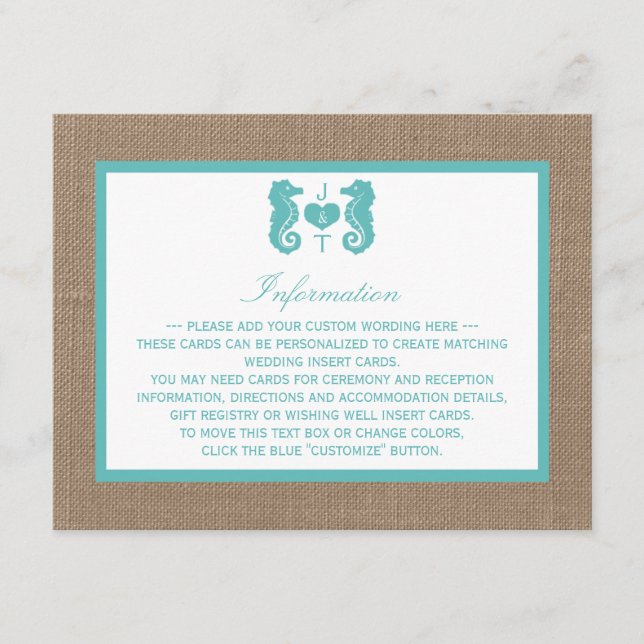 Türkisfarbenes Seepferd Burlap Beach Wedding Colle Begleitkarte (Vorderseite)