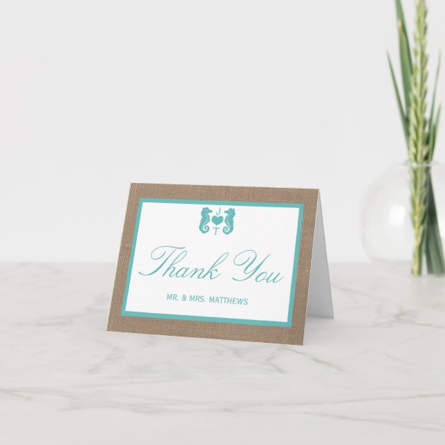 Türkisfarbenes Seepferd Burlap Beach Wedding Colle Dankeskarte (Vorderseite)
