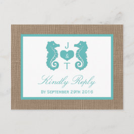 Türkisfarbenes Seepferd Burlap Beach Wedding Colle Einladungspostkarte