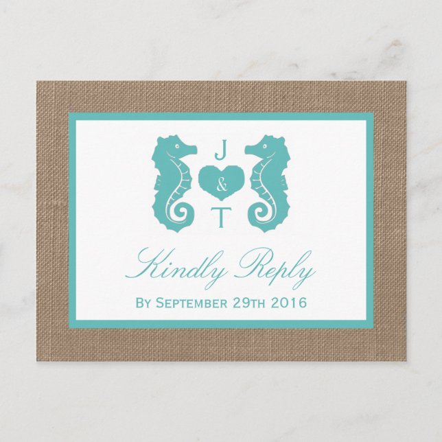 Türkisfarbenes Seepferd Burlap Beach Wedding Colle Einladungspostkarte (Vorderseite)