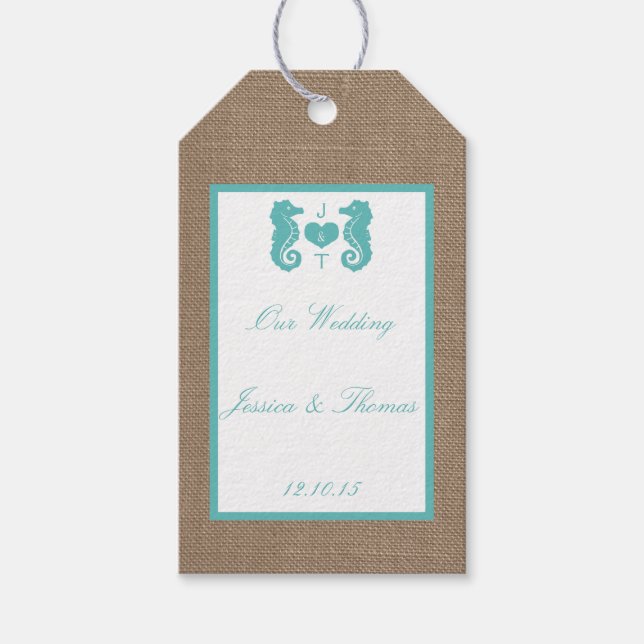 Türkisfarbenes Seepferd Burlap Beach Wedding Colle Geschenkanhänger (Vorderseite)