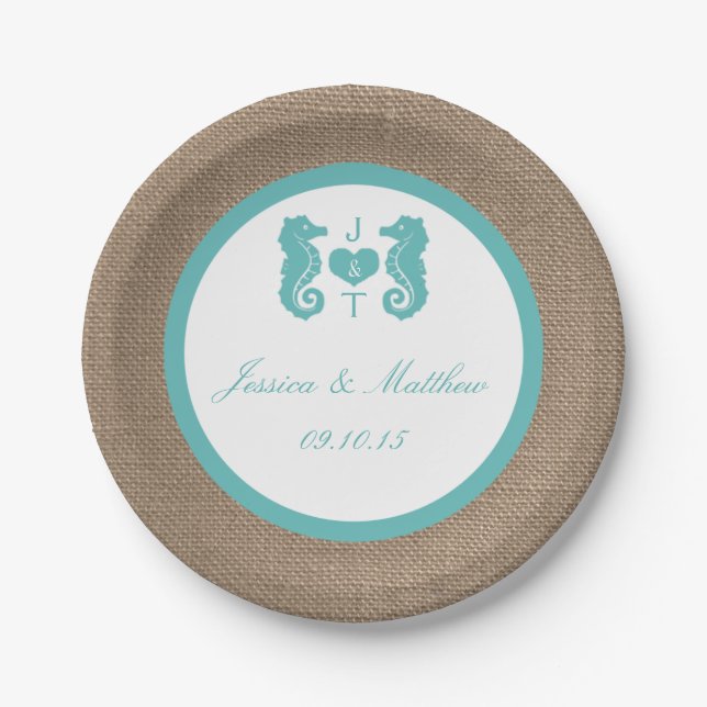 Türkisfarbenes Seepferd Burlap Beach Wedding Colle Pappteller (Vorderseite)
