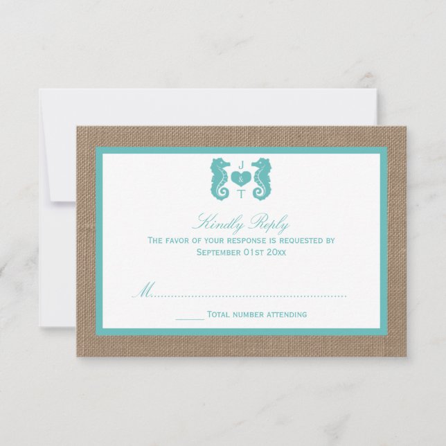 Türkisfarbenes Seepferd Burlap Beach Wedding Colle RSVP Karte (Vorderseite)