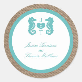 Türkisfarbenes Seepferd Burlap Beach Wedding Colle Runder Aufkleber