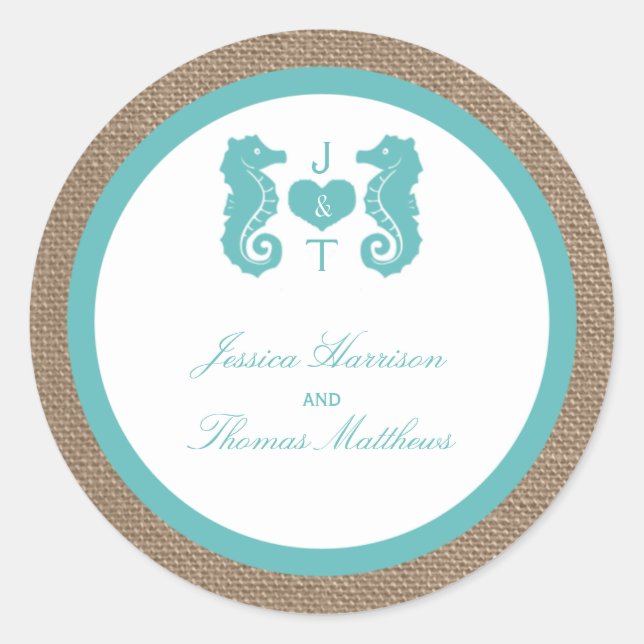 Türkisfarbenes Seepferd Burlap Beach Wedding Colle Runder Aufkleber (Vorderseite)
