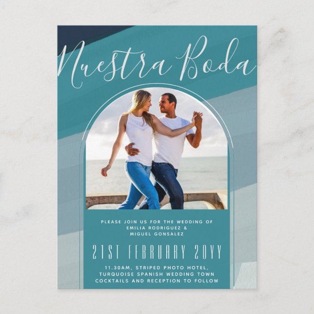 Türkisfarbenes Spanisches Wedding Nuestra Boda FOT Postkarte (Vorderseite)