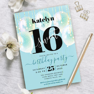 Türkisfarbenes Sweet 16 Geburtstagsballons Script Einladung