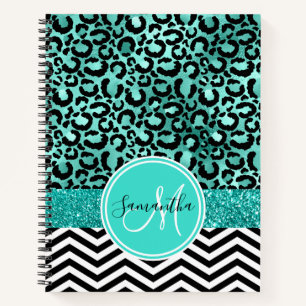 Türkisfarbenes Teal-Faux-Glitter-Leoparden-Druck-M Notizbuch