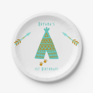 Türkisfarbenes Teal- und Gold-Tepee moderne Geburt Pappteller