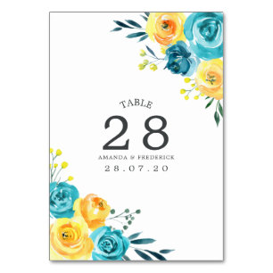 Türkisfarbenes und gelbes Blumen-Hochzeitstisch-Nu Tischnummer