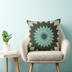 Türkisfarbenes und grünes geometrisches Mandala-Mu Kissen