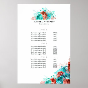 Türkisfarbenes und Korallenrotes Florales Preissch Poster