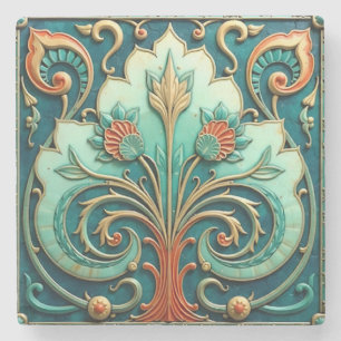 Türkisfarbenes und oranges Blumenornament Steinunt Steinuntersetzer