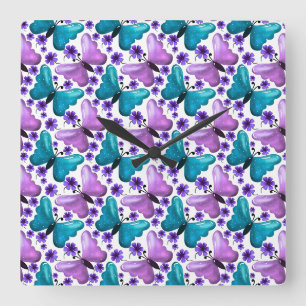 Türkisfarbenes und violettes Schmetterlings-Blumen Quadratische Wanduhr