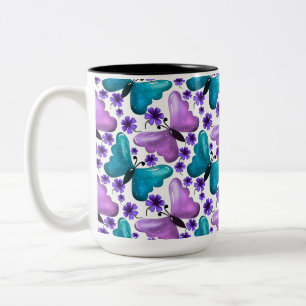 Türkisfarbenes und violettes Schmetterlings-Blumen Zweifarbige Tasse