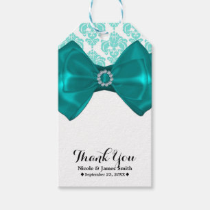 Türkisfarbenes und weißes Damast-Bling-Bogen-Glamo Geschenkanhänger
