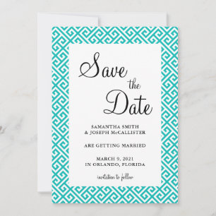 Türkisfarbenes und weißes diagonales griechisches save the date