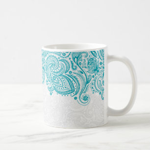 Türkisfarbenes und weißes florales Paisley-Spitze Kaffeetasse