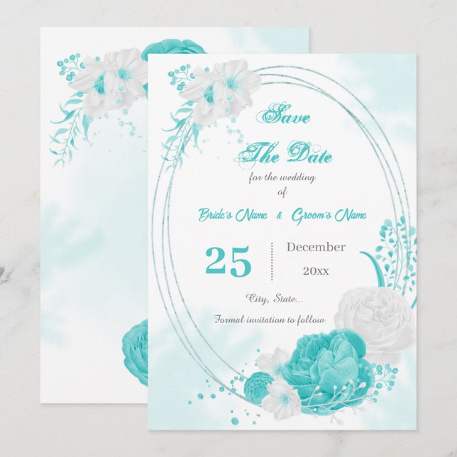 türkisfarbenes, weißes Blumengeometrie Save The Date (Vorne/Hinten)