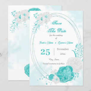 türkisfarbenes, weißes Blumengeometrie Save The Date