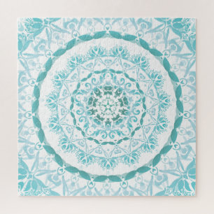 Türkisfarbenes weißes Damast-Mandala