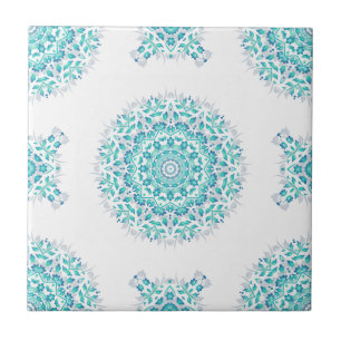 Türkisfarbenes weißes florales Mandala-Geometriemu Fliese
