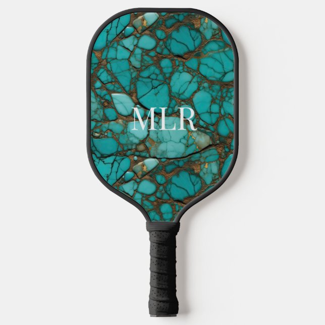 Türkisgesteine und Imitate aus Braun Leder Pickleball Schläger (Vorderseite)