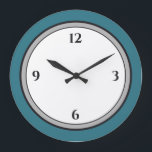 Türkisgrün, Schwarz und Weiß Minimalistisch Große Wanduhr<br><div class="desc">Die moderne Uhr besticht durch ein minimalistisches Design in einer türkisfarbenen Farbpalette in Schwarz und Weiß. Schlichtes Design mit schwarzen Zahlen auf weißem Hintergrund mit türkisblauem Rand und grauem Akzent. Moderne, trendige Ergänzung zu Küche, Wohnzimmer oder Büromauer, ein durchdachtes, modernes Bürogeschenk oder ein modernes Zuhause-Geschenk für jeden Anlass. Sie können...</div>